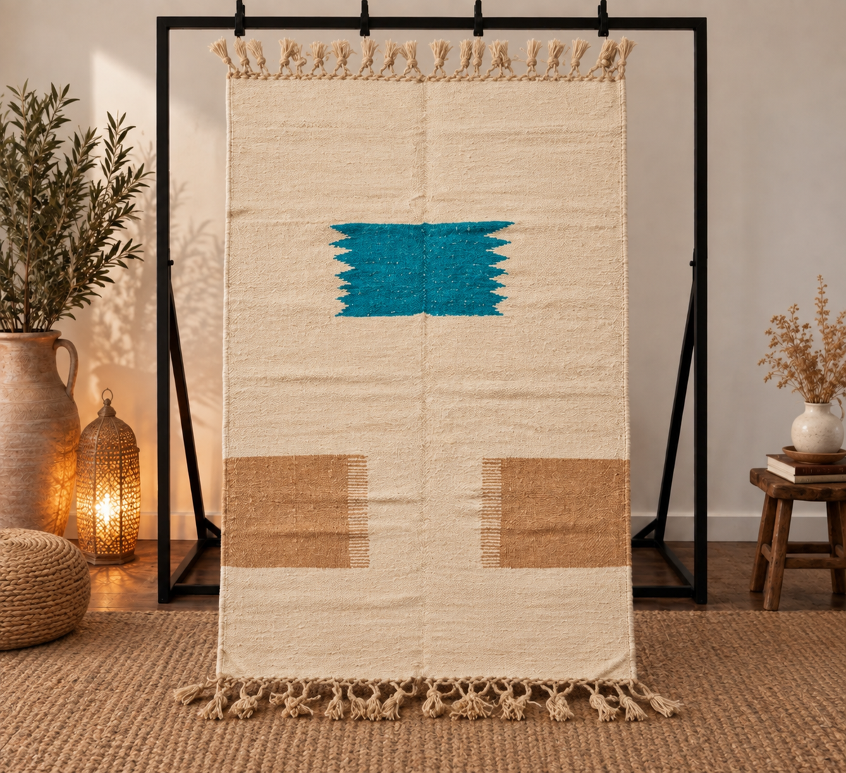 Tapis Zanafi écru – Bleu canard et camel 150×245 cm – 100 % laine – Pièce unique