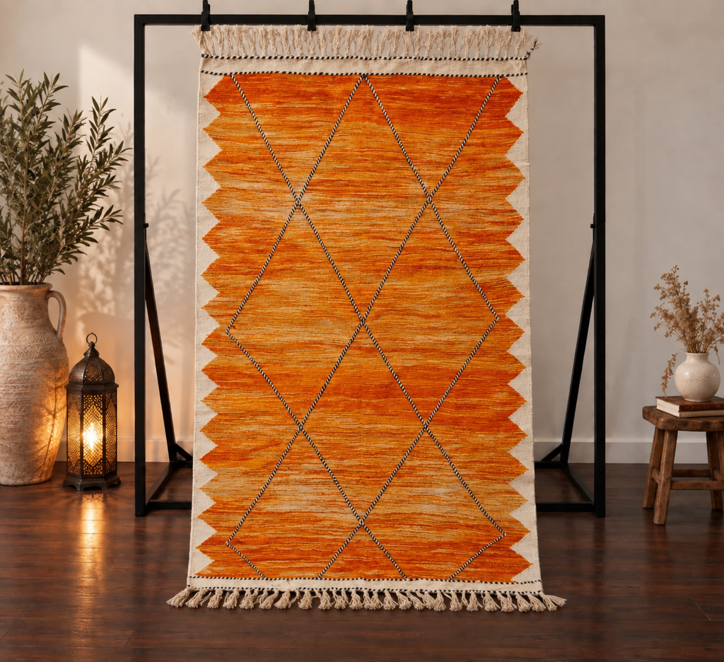 Tapis Zanafi orange – Losanges 145×247 cm – 100 % laine – Pièce unique