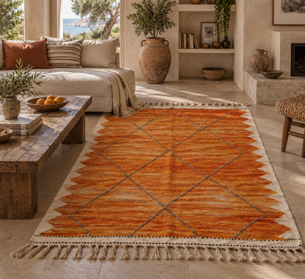 Tapis Zanafi orange – Losanges 145×247 cm – 100 % laine – Pièce unique