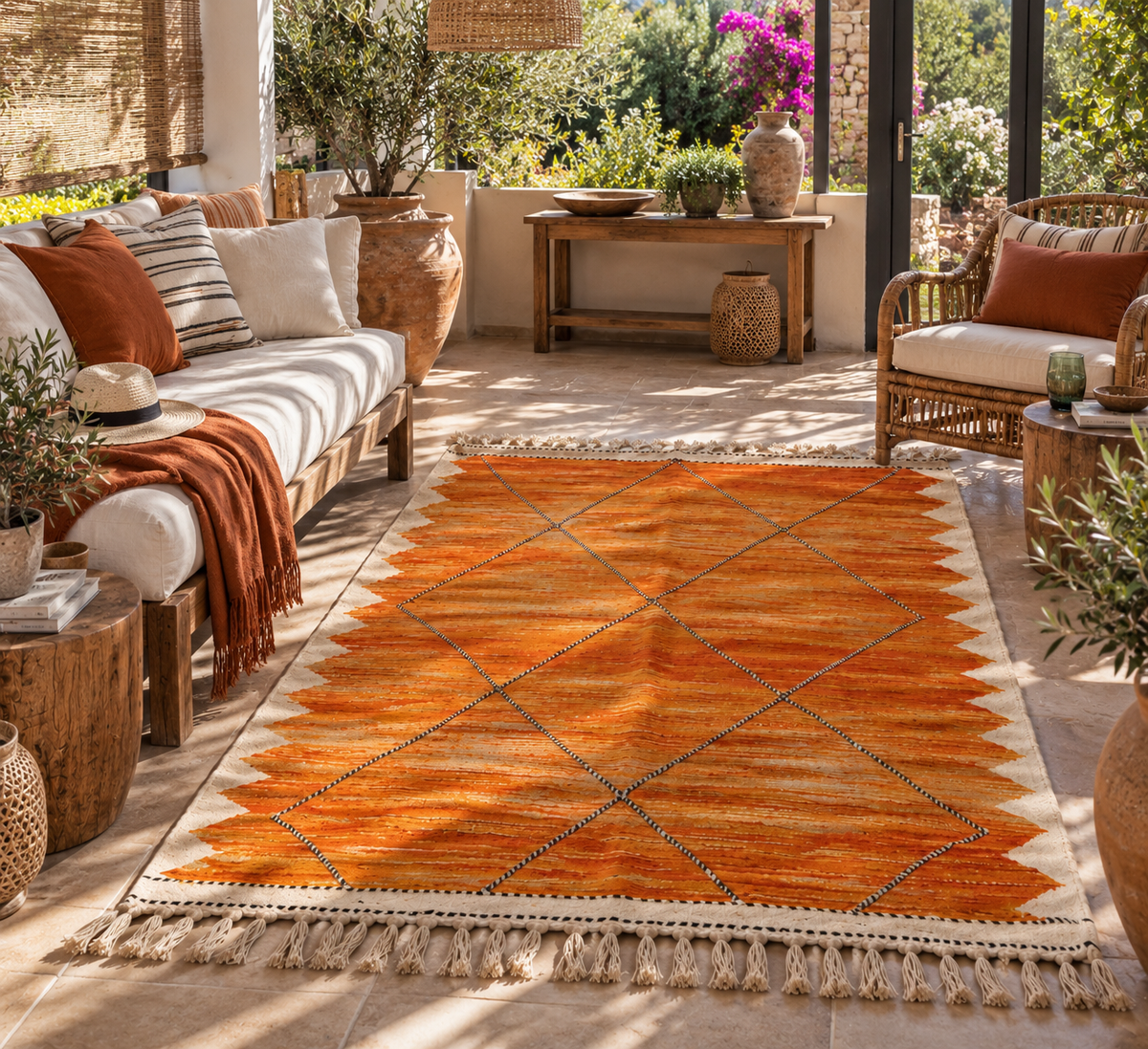 Tapis Zanafi orange – Losanges 145×247 cm – 100 % laine – Pièce unique