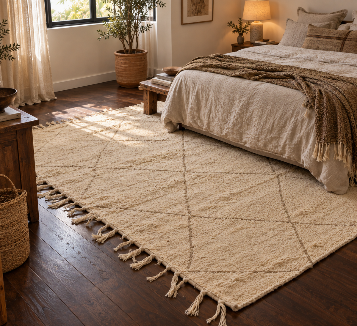 Tapis Beni Ouarain écru – Losanges beige 320×215 cm – Pièce unique